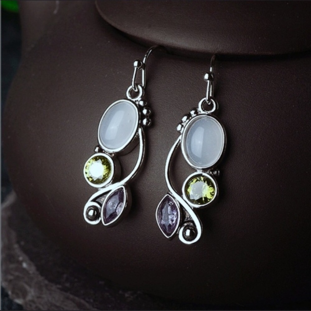 Silver Plated Moonstone, Amethyst Earrings